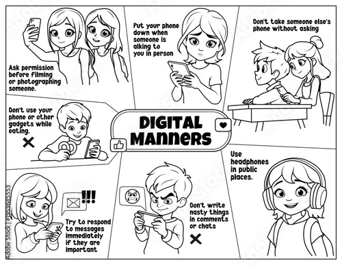 Digital manners and gadget etiquette activity sheet for kids. Educational coloring page with children characters, vector illustration 