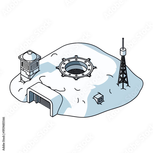 Isometric View of a Snowy Underground Bunker Complex.