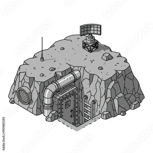 Isometric Underground Bunker with Radar and Ventilation System Illustration.