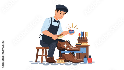 Shoemaker at Work: An artisan meticulously polishes a fine leather shoe, showcasing skill, craftsmanship and care in every brushstroke. A timeless scene, embodying quality and attention to detail.