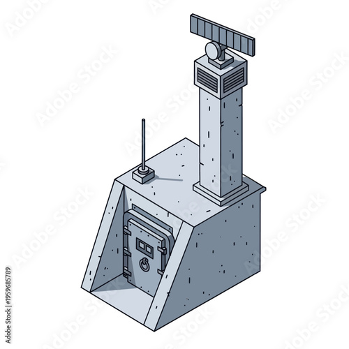 Isometric Bunker with Radar Tower and Secure Door Illustration.
