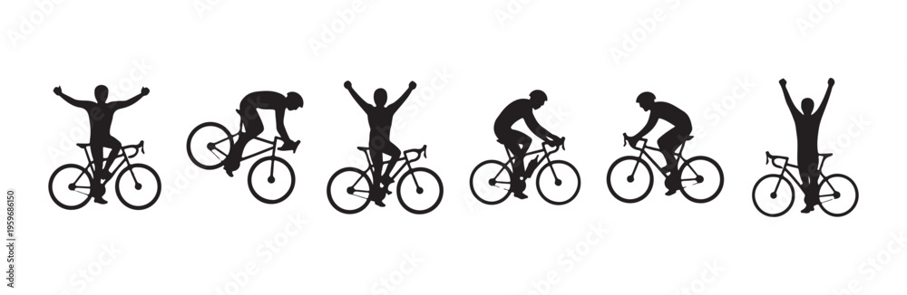 Obraz premium Cyclist silhouette celebrating victory and riding bicycle with arms raised high