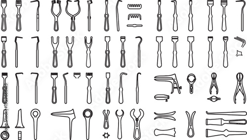 A detailed collection of surgical instruments and medical tools displayed in a clean, organized graphic resource, showcasing a variety of specialized equipment.