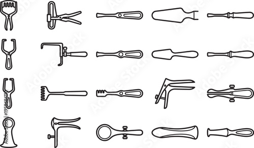Line art rendering of various surgical instruments, precisely detailed and isolated against a clean backdrop, capturing the essence of the surgical world.