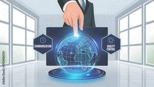 An illustrated businessman hand interacting with a bright blue glowing digital holographic earth globe This display is flanked by icons symbolizing global standardization and quali