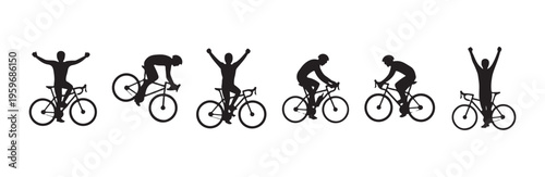 Cyclist silhouette celebrating victory and riding bicycle with arms raised high