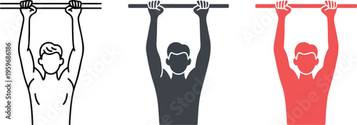 Professional athlete pullup icon set featuring upper body strength training and fitness gym workout symbols in minimalist line art styles.