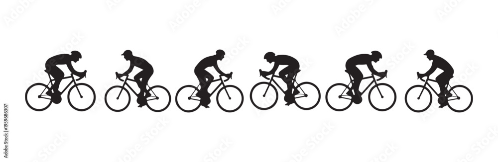 Naklejka premium Road cyclist silhouettes set, male bike riders in black isolated on white background