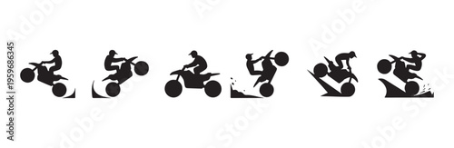 ATV riders silhouettes, quad bike drivers performing stunts and tricks, isolated on white