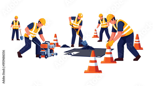 Road Work in Progress: A team of dedicated construction workers diligently engaged in road repair, demonstrating their commitment to maintaining infrastructure and ensuring safe roadways. 