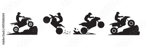 Silhouette atv riders jumping over obstacles extreme sport action