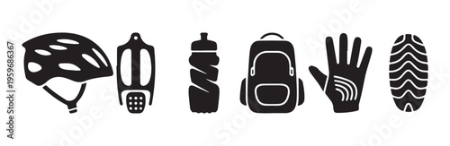 Collection icons safety gear equipment for cycling or hiking