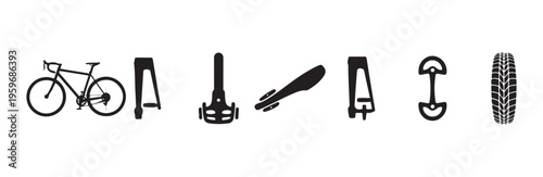Road bike parts icons set with frame tire fork and pedals silhouette on white background