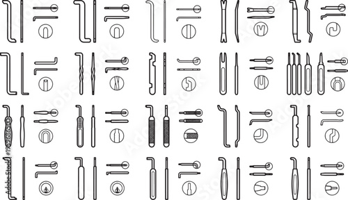 A comprehensive illustration of diverse lock picking tools, meticulously arranged to demonstrate the art of entry, each component in perfect detail.