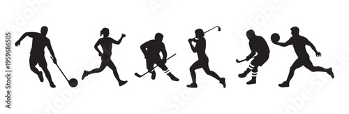 Athletic silhouettes performing different sports activities like running golf and hockey game