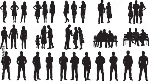 Diverse vector silhouettes of men, women, and groups, showcasing various human figures in dynamic poses and interactions, ideal for graphic design, web elements, and visual communication projects