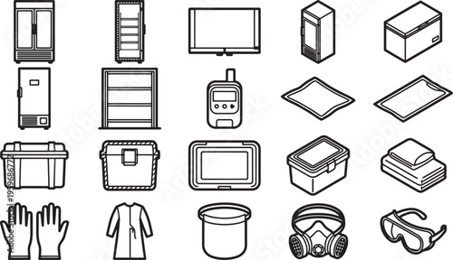 A comprehensive collection of industrial and safety items illustrated in a precise vector style, perfect for illustrating the tools and equipment used in various workplace scenarios.