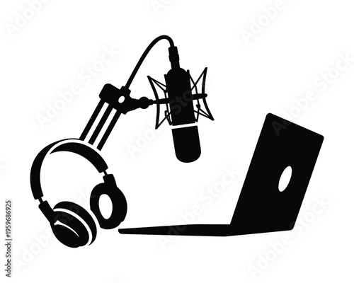 Black silhouette of professional studio microphone and headphones next to open laptop computer isolated on white