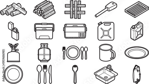 Camping essentials are neatly arranged in a monochrome illustration, presenting an array of items.