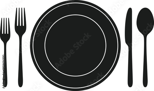 Formal dining table setting with plates, forks, knife, spoon, etiquette arrangement, elegant meal preparation, hospitality illustration, restaurant service, culinary presentation design