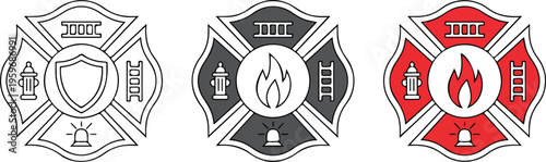 Professional firefighter Maltese cross icon set featuring traditional emergency service and fire department rescue symbols in minimalist line art styles.
