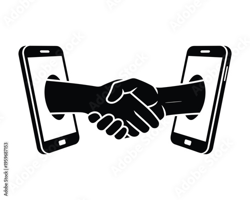 Two hands shaking through modern smartphones representing business deal or partnership remotely