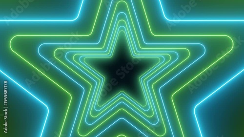 Video animation of many stars in neon green and neon blue on dark background - abstract background - seamless loop.