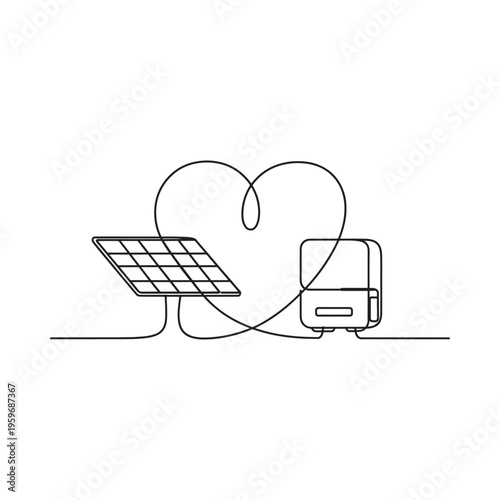A minimalist line drawing depicts a solar panel a charging device and a heart shaped connection