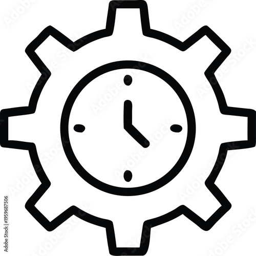 Schematic illustration of a gear with a clock face symbolizing time management and efficiency