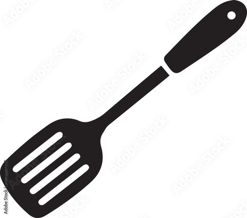 A simple black silhouette icon of a slotted kitchen spatula used for cooking and flipping food Vector
