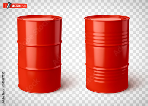 Vector realistic illustration of red barrels of oil on a transparent background.