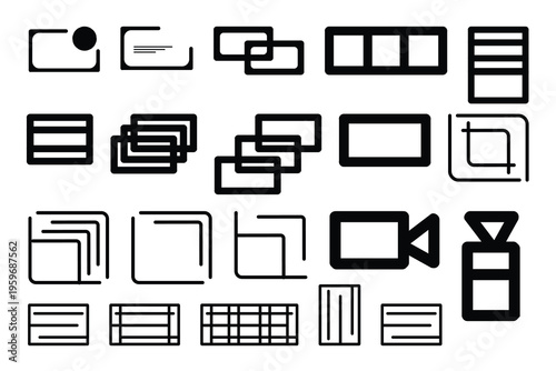 Collection of various window and frame icons in black and white