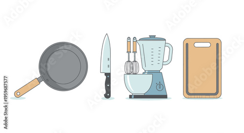 A kitchen scene with a frying pan, knife, mixer, and cutting board on a clean surface.