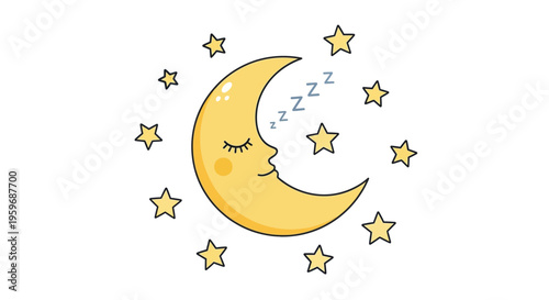 A smiling crescent moon sleeps peacefully surrounded by twinkling stars at night.