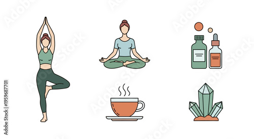 Woman practices yoga with crystal, tea, and wellness products nearby in serene setting.