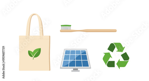 Eco friendly items including reusable bag and solar panel on a white background