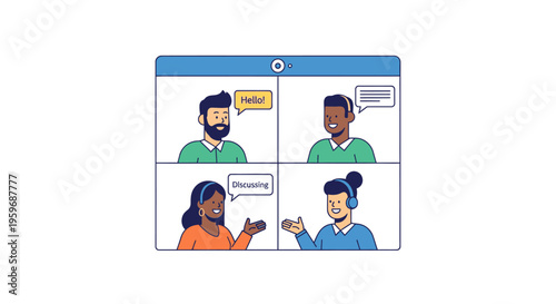 People discuss and communicate remotely via video call on computer screen in office setting