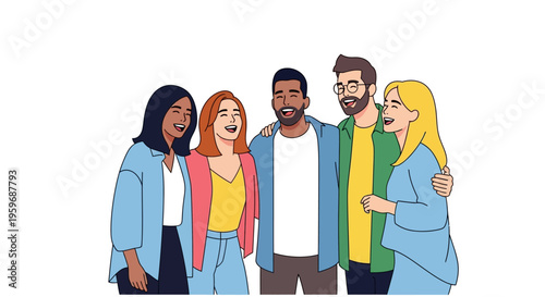 Diverse group of friends laughing together outdoors in a casual setting with smiles