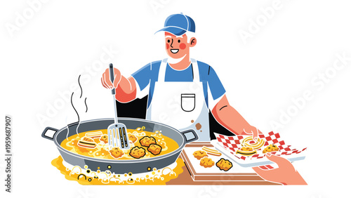 Culinary Creation: A vendor expertly crafts delicious fried food, showcasing skill and passion for the art of cooking.