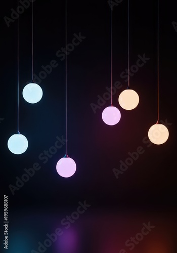Modern abstract lighting design featuring multiple glowing suspended spheres against a dark, moody background, architecture, fixture, aesthetic