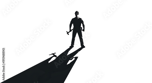 A silhouette of a construction worker standing on a building edge with a hammer in hand, casting a long shadow.