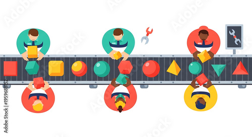 A colorful vector graphic illustration of a production line with workers and shapes moving along a conveyor belt