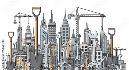 A vibrant cityscape illustration featuring various construction tools and skyscrapers in a modern, flat design style.