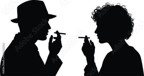 Black silhouette illustration of two individuals facing each other while smoking cigarettes, symbolizing lifestyle, social interaction, smoking culture, communication, and minimalistic design concept