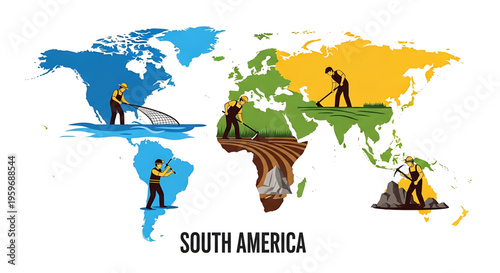 A colorful vector graphic illustration of a world map with people working on different continents, symbolizing global labor and industry.