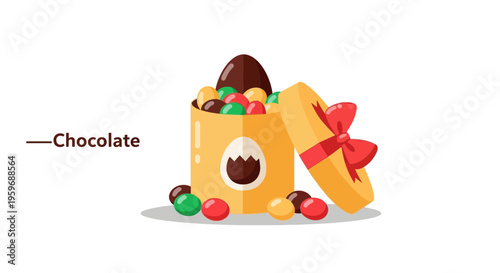 Chocolate gift box, colorful candies, sweet treats, dessert icons