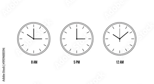 A minimalist vector graphic illustration of three clocks showing different times of day