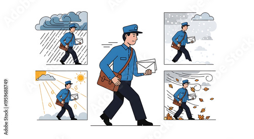 A vector graphic illustration of a mailman walking in different weather conditions