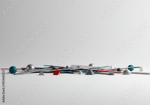 Scattered geometric shapes lie haphazardly across a vast, empty white plane, symbolizing chaos and the need for organizational structure, breakdown, clutter, construction