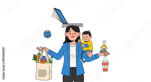 A busy working mom balancing her career and family life with a baby in her arms and various tasks floating around her